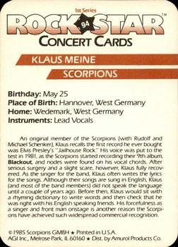 1985 AGI Rock Star #94 Klaus Meine / Scorpions Back