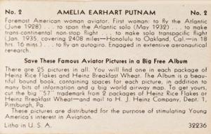 1936 Heinz Famous Aviators 1st Series (F277-4) #2 Amelia Earhart Back