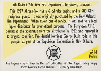 1994 Bon Air Fire Engines - Prism #14 5th District Volunteer Fire Department - Terrytown, Louisiana Back