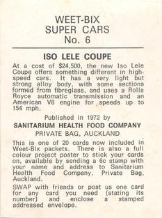 1972 Sanitarium Weet-Bix Super Cars #6 ISO Lele Coupe Back