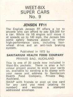 1972 Sanitarium Weet-Bix Super Cars #9 Jensen FF11 Back