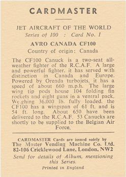 1958 Cardmaster Jet Aircraft of the World #1 Avro Canada CF100 Back