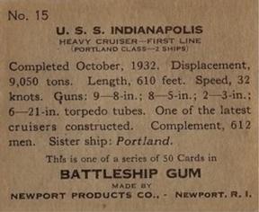 1936 Newport Products Battleship Gum (R20) #15 U.S.S. Indianapolis Back