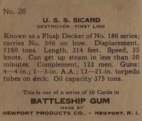 1936 Newport Products Battleship Gum (R20) #26 U.S.S. Sicard Back