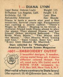 1948 Bowman Movie Stars (R701-9) #1 Diana Lynn Back