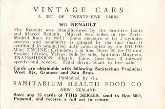 1963 Sanitarium New Zealand Vintage Cars #NNO 1911 Renault Back