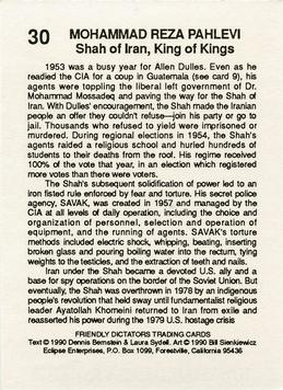1990 Eclipse Friendly Dictators #30 Mohammed Reza Pahlevi Back