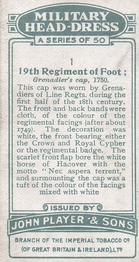 1931 Player's Military Head-Dress #1 19th Regiment of Foot Back