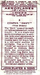 1990 Imperial Tobacco Ltd. 1935 Player's Aeroplanes (Civil) (Reprint) #8 Comper “Swift” (Great Britain) Back