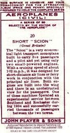1990 Imperial Tobacco Ltd. 1935 Player's Aeroplanes (Civil) (Reprint) #20 Short “Scion” (Great Britain) Back
