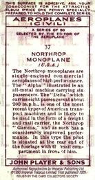 1990 Imperial Tobacco Ltd. 1935 Player's Aeroplanes (Civil) (Reprint) #37 Northrop Monoplane (USA) Back
