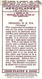 1990 Imperial Tobacco Ltd. 1935 Player's Aeroplanes (Civil) (Reprint) #42 Heinkel H.E.70A (Germany) Back