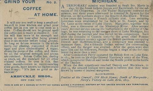 1892 Arbuckle's Coffee Pictorial History of the United States and Territories (K5) #2 Michigan Back