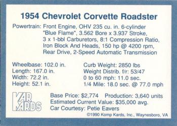 1990 Komp Kards - Kar Kards #NNO 1954 Chevrolet Corvette Roadster Back