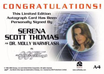 2004 Rittenhouse The Quotable James Bond - 40th Anniversary-Style Autograph Expansion #A4 Serena Scott Thomas as Dr. Molly Warmflash Back