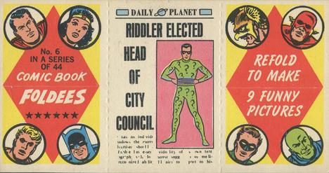 1966 Topps Comic Book Foldees #6 Riddler / Bear Named Sam Escapes from Park Zoo! / Slugger Hits 8 Balls out of Baseball Bark Front