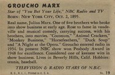 1952 Bowman Television and Radio Stars of NBC (R701-14) #19 Groucho Marx Back