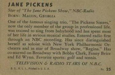 1952 Bowman Television and Radio Stars of NBC (R701-14) #25 Jane Pickens Back