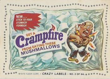 1979 Fleer Crazy Labels #2 Crampfire Mushmallows Front