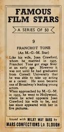 1939 Milky Way Famous Film Stars #9 Franchot Tone Back