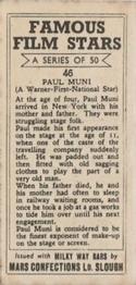 1939 Milky Way Famous Film Stars #46 Paul Muni Back