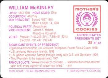 1992 Mother's Cookies U.S. Presidents #25 William McKinley Back