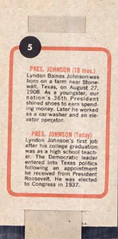 1965 Topps Push Pull #5 Pres. Johnson (18 Mos.) / Pres. Johnson (Today) Back