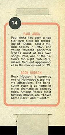 1965 Topps Push Pull #14 Paul Anka / Rock Hudson Back