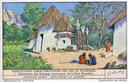 1939 Liebig Habitations Caracteristiques Des Iles Du Pacifique (Characteristic Houses of the Pacific Islands)(French Text)(F1384, S1390) #1 Habitations des Bainingi (montagnes de la Baie Blanche) Front