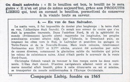 1942 Liebig Le decouverte de L'Amerique  (The Discovery of America) (French Text) (F1445, S1445) #4 En vue de San Salvador Back