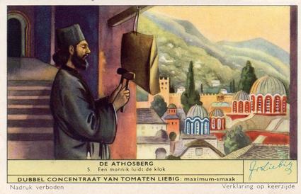 1956 Liebig De Athosberg (Places on Athos) (Dutch Text)  (F1650, S1651) #5 Een monnik luidt de klok Front