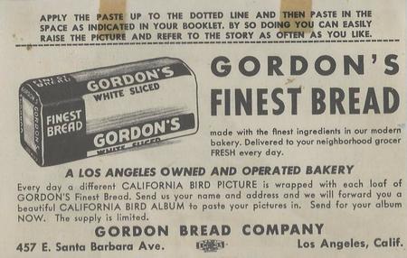 1946 Gordon's Bread California Birds - Bread Back (D39-2b) #NNO Black Phoebe Back