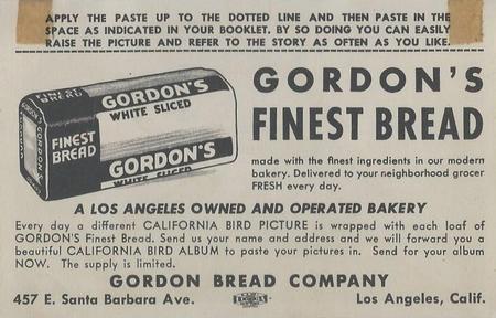 1946 Gordon's Bread California Birds - Bread Back (D39-2b) #NNO California Jay Back