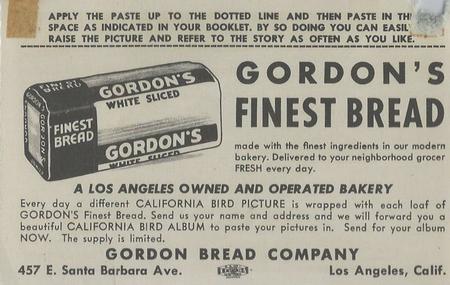 1946 Gordon's Bread California Birds - Bread Back (D39-2b) #NNO Dipper Back