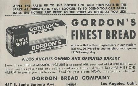 1948 Gordon's Bread California Missions - Bread Back (D39-6b) #NNO Santa Clara De Asis Back