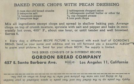 1948 Gordon's Bread California Missions - Recipe Back (D39-6a) #NNO San Carlos Borromeo Back