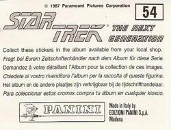 1987 Panini Star Trek: The Next Generation Stickers #54 Bridge crew, Zorn and Q (Starfleet uniform) facing viewscreen Back