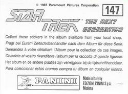 1987 Panini Star Trek: The Next Generation Stickers #147 Kosinski, Riker and Wesley watching Traveler at console Back