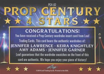 2019 Leaf Metal Pop Century - Prop Century 4 Stars Relics Red #PC4-02 Jennifer Lawrence / Keira Knightley / Amy Adams / Jennifer Garner Back