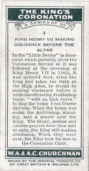 1937 Churchman's The King’s Coronation #4 King Henry VII Making Obeisance before the Altar Back