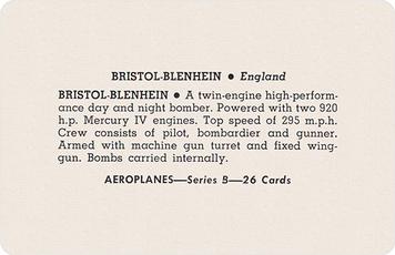 1940 Card-O Aeroplanes Series B (R112-3) #NNO Bristol-Blenhein Back