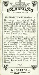 1937 Kensitas Coronation #1 His Majesty King George VI Back