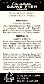 1961 Salada Canadian Game Fish (FC42-1) #17 Pumpkinseed Back