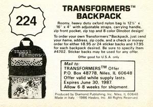 1986 Diamond Transformers: The Movie Stickers #224 Sticker 224 Back