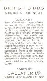 1937 Gallaher British Birds #34 Goldcrest Back