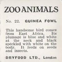 1955 Dryfood Zoo Animals #22 Guinea Fowl Back