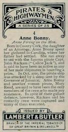 1926 Lambert & Butler Pirates and Highwaymen #4 Anne Bonny Back