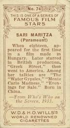 1933 Wills's Famous Film Stars (Small Images) #74 Sari Maritza Back