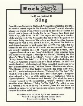 1992 Legends Wall of Fame British Rock Legends #18 Sting Back
