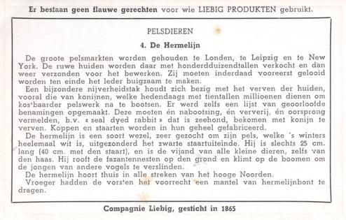1941 Liebig Pelsdieren (Fur Animals) (Dutch Text) (F1425, S1486) #4 De Hermelijn Back